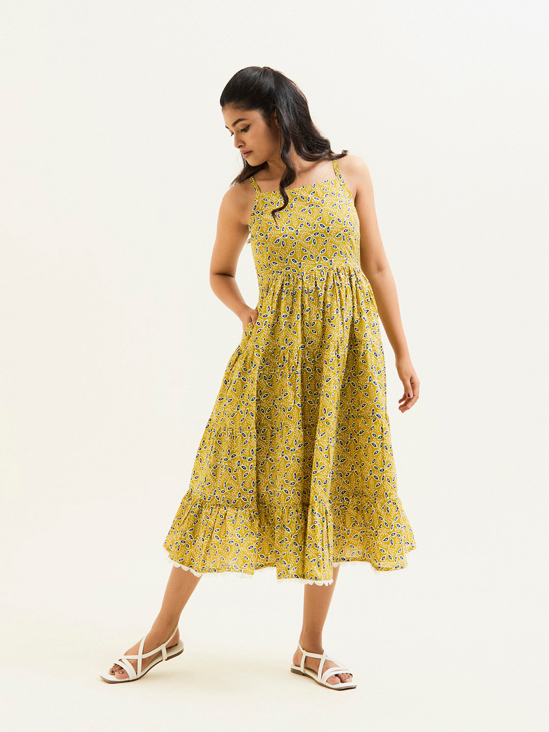 Mustard Ethnic Printed Strappy Dress