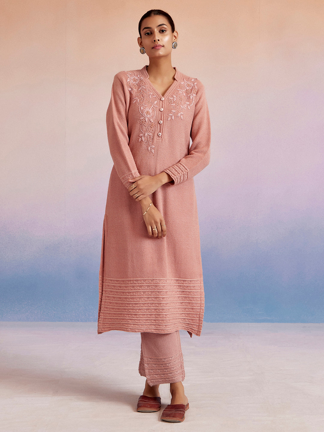 Pink Self Woven Embellished Woolen Kurta Set