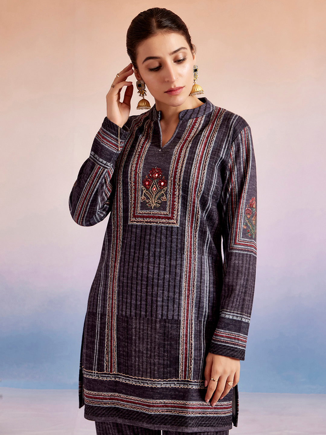 Grey Embroidered Woolen Co-ord Set