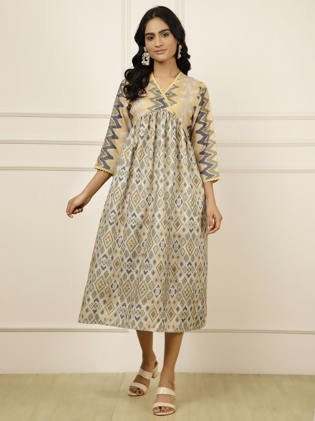 Geometric Printed Gathered Mustard Dress