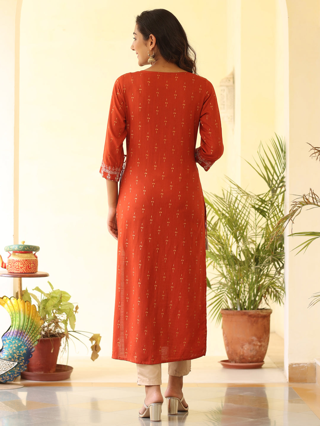 Rust Heavy Embroidered Gold Khadi Print Rayon Slub Kurta