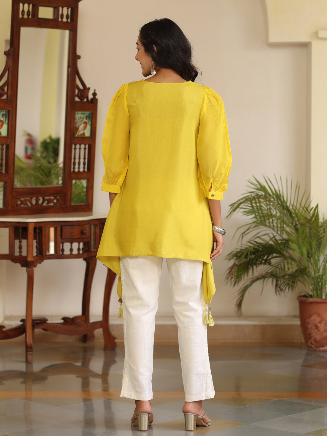 Women Yellow Hankerchief Top With Mirror Work