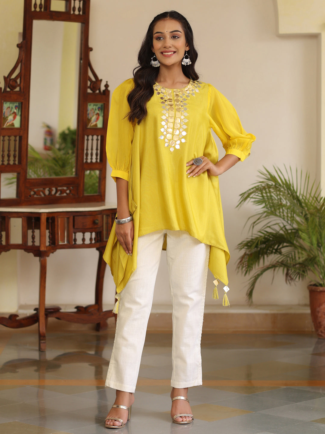 Women Yellow Hankerchief Top With Mirror Work