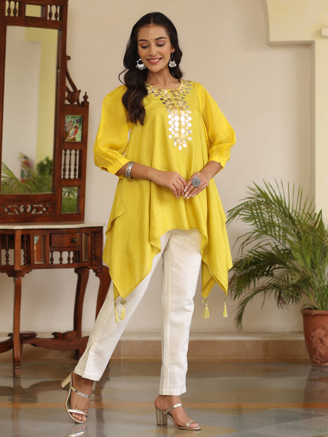 Women Yellow Hankerchief Top With Mirror Work