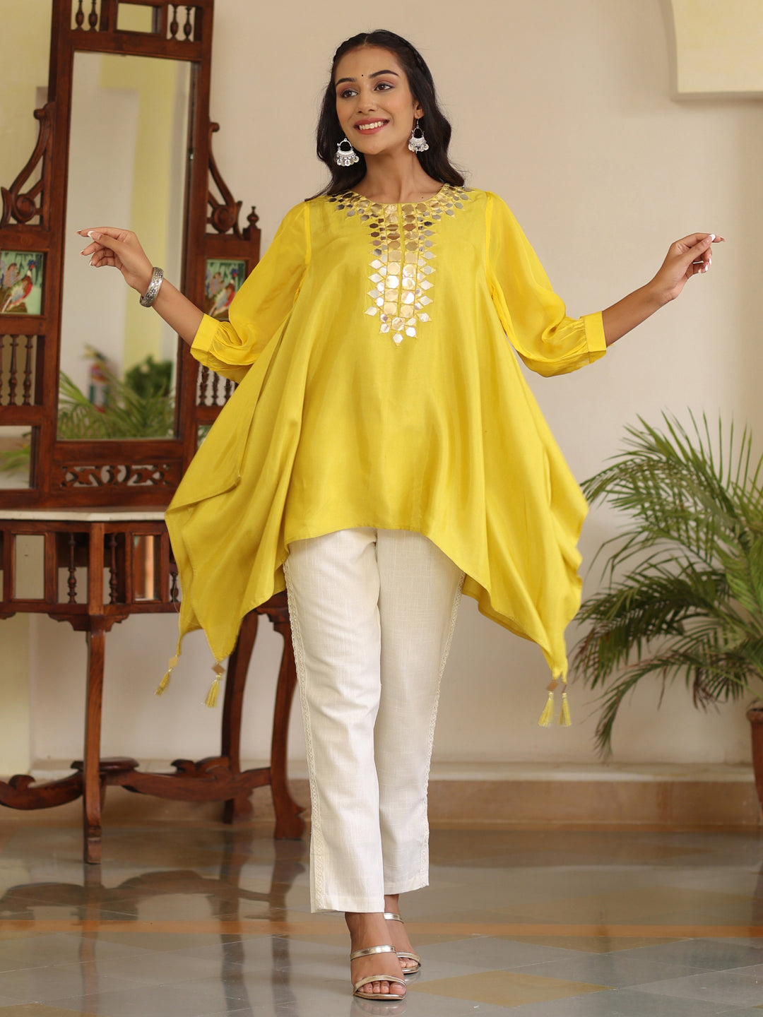 Women Yellow Hankerchief Top With Mirror Work