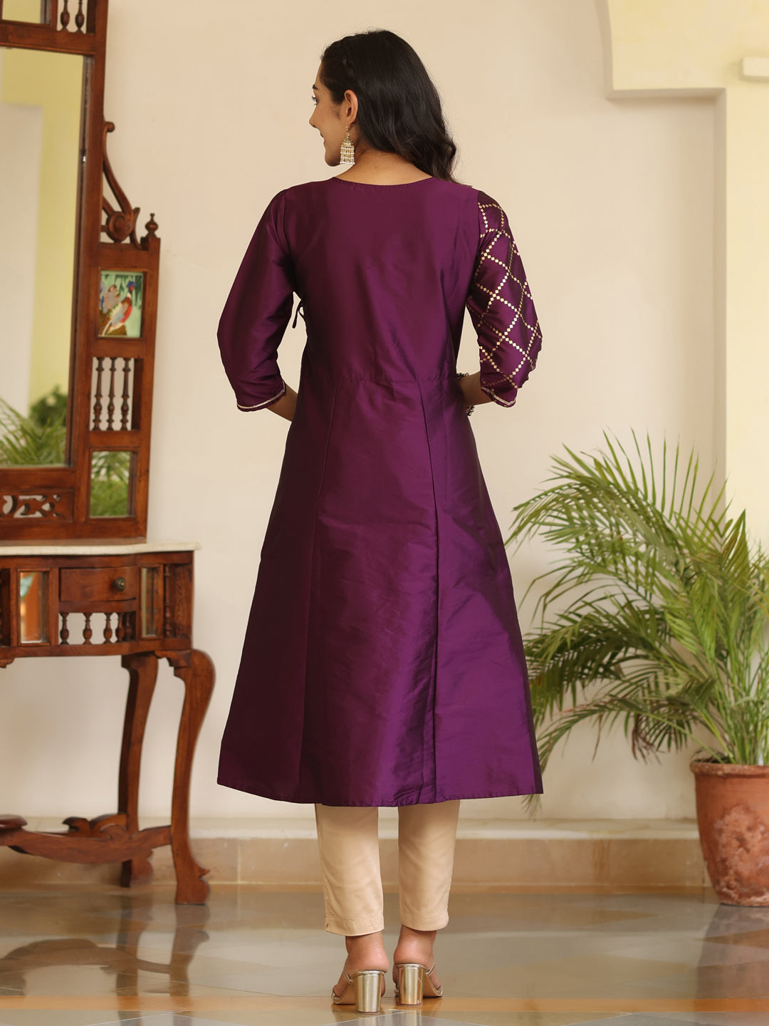 Purple Gold Print Angrakha Pattern Kurta