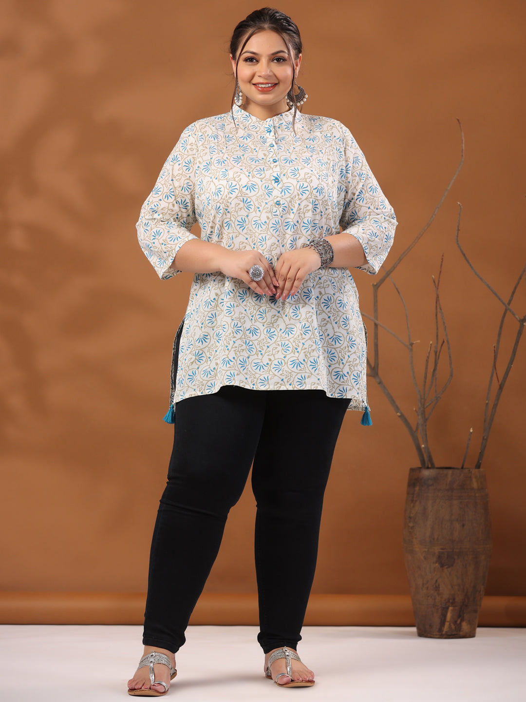 White & Turquoise Blue Plus Size Printed Cotton Straight Short Kurta