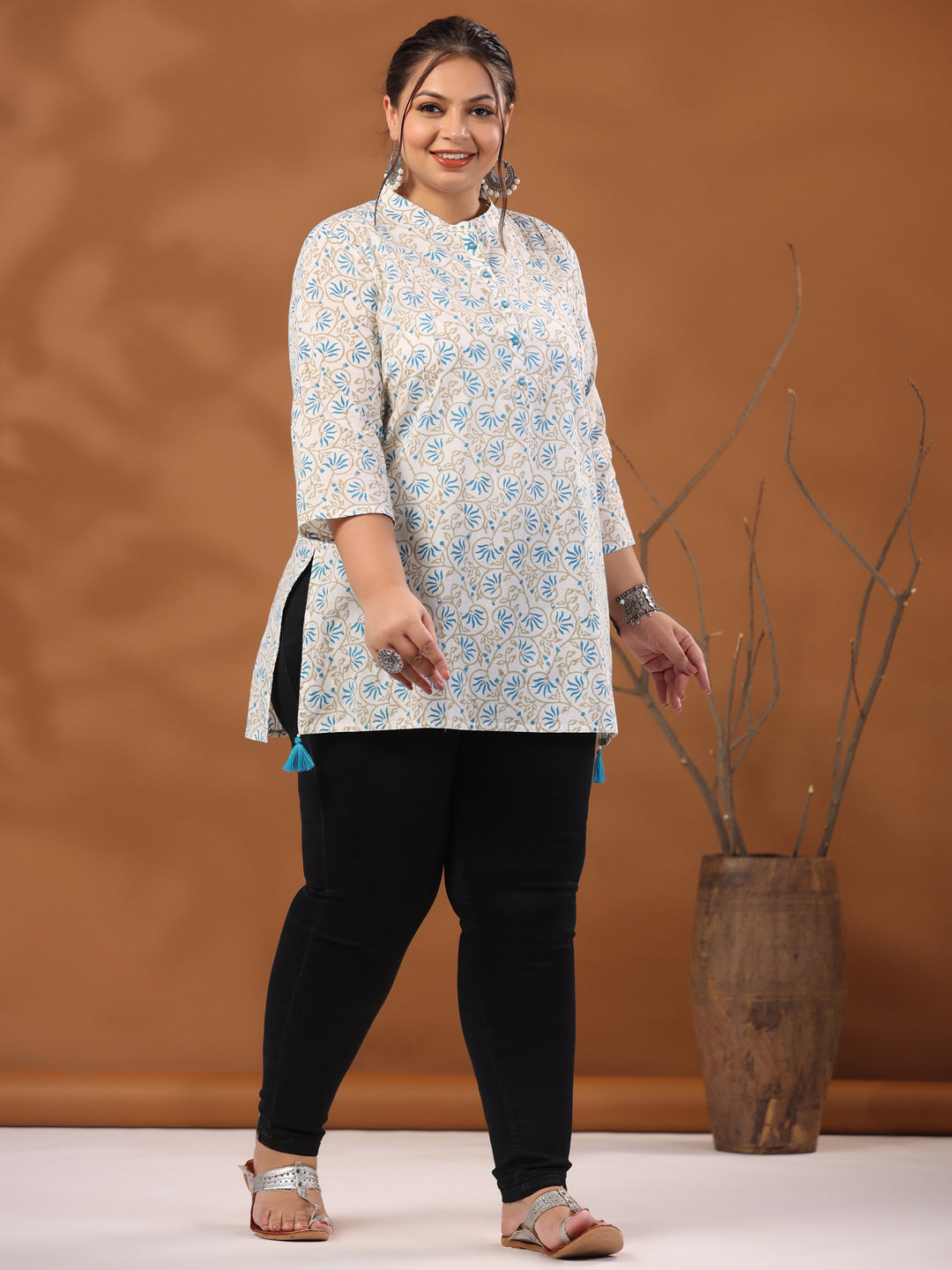 White & Turquoise Blue Plus Size Printed Cotton Straight Short Kurta