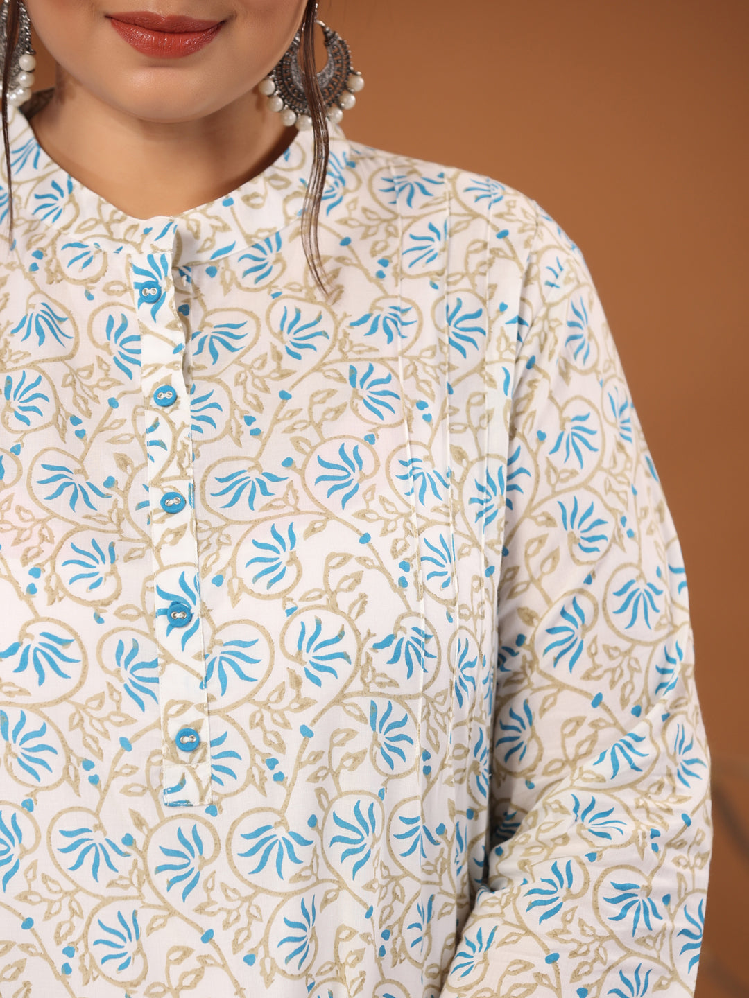 White & Turquoise Blue Plus Size Printed Cotton Straight Short Kurta