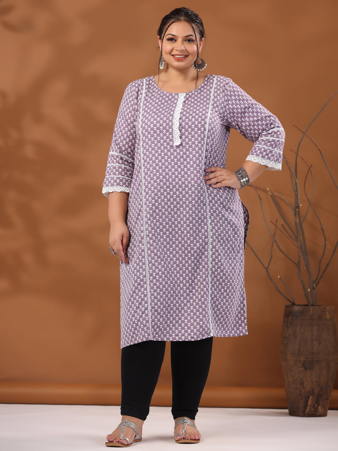 Lavender Plus Size  Woven Kantha Printed Laced Straight Kurta
