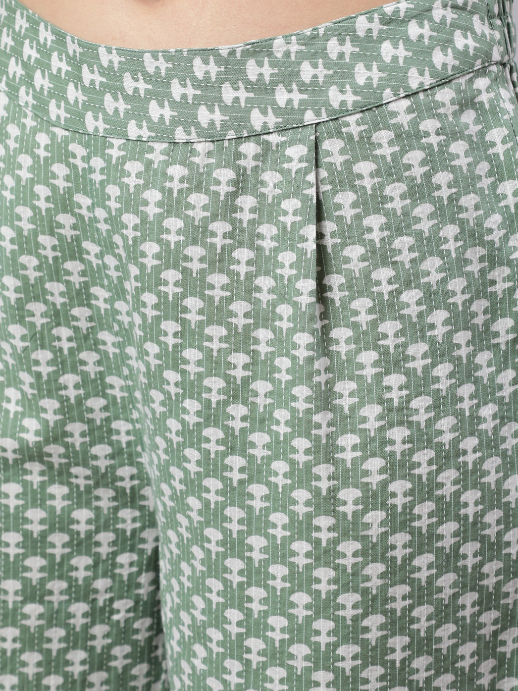 Women Green Woven Ethnic Print Embroidered Flared Laced Kurta With Printed Palazzo