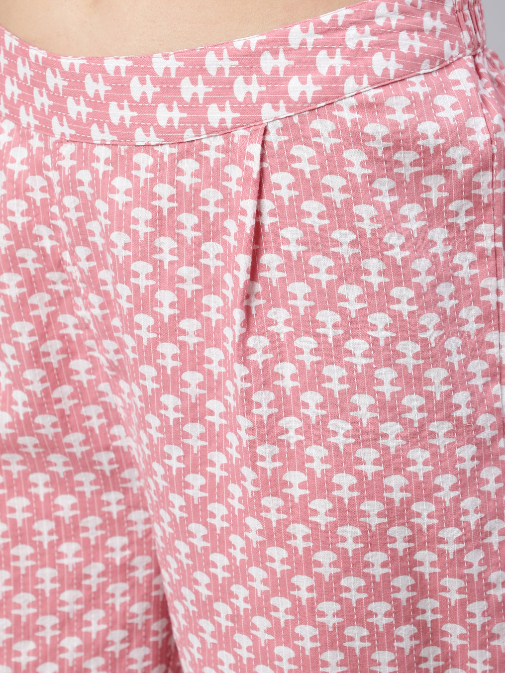 Pink Ethnic Print Embroidered Flared Kurta With Printed Palazzo