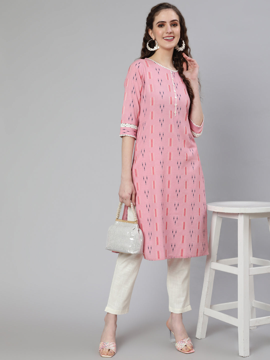 Pink Self Weaved Straight Kurta With Lace Detail And Off-White Pants