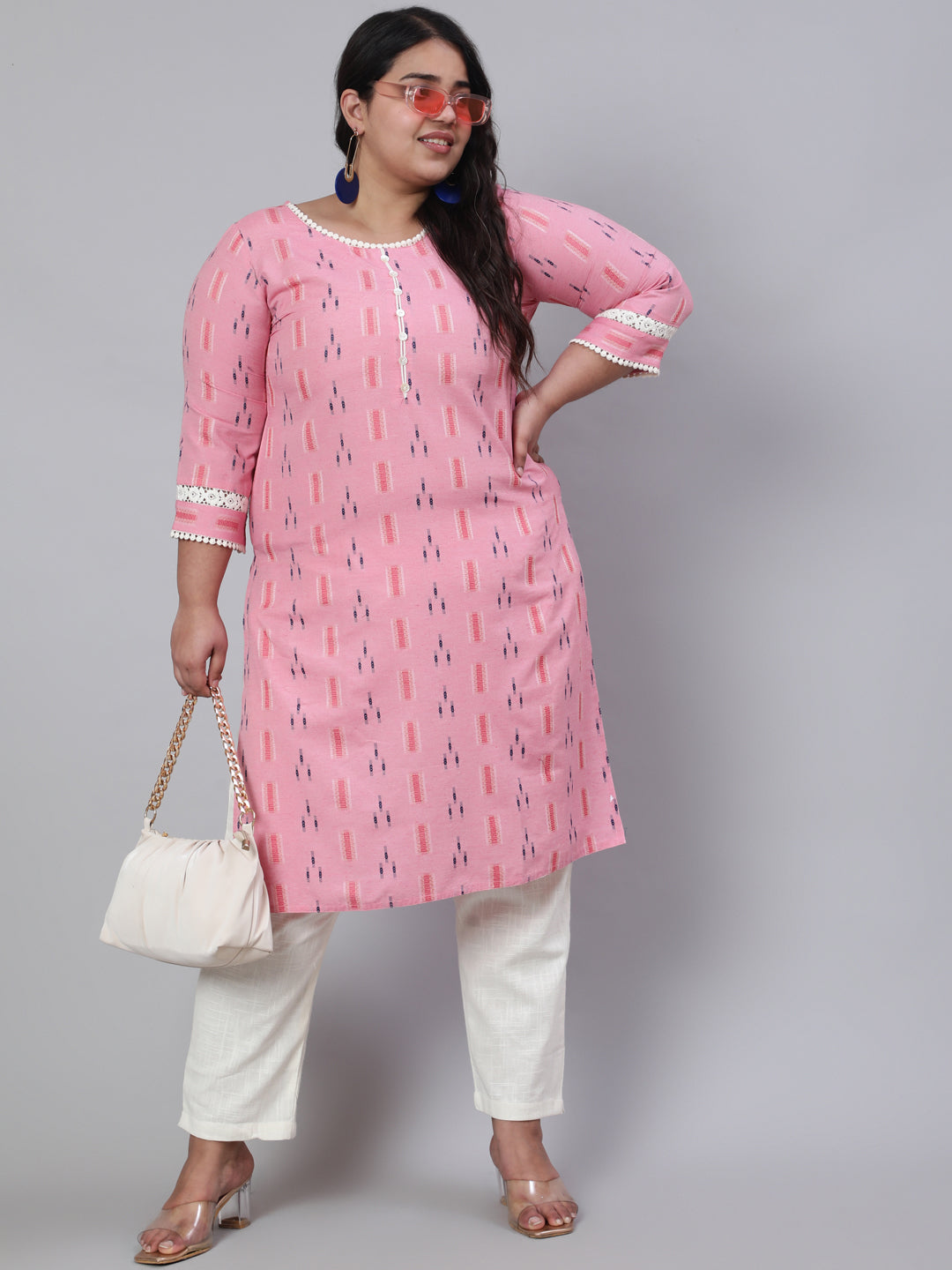 Pink Plus Size Self-Weaved Straight Kurta With Lace Detail