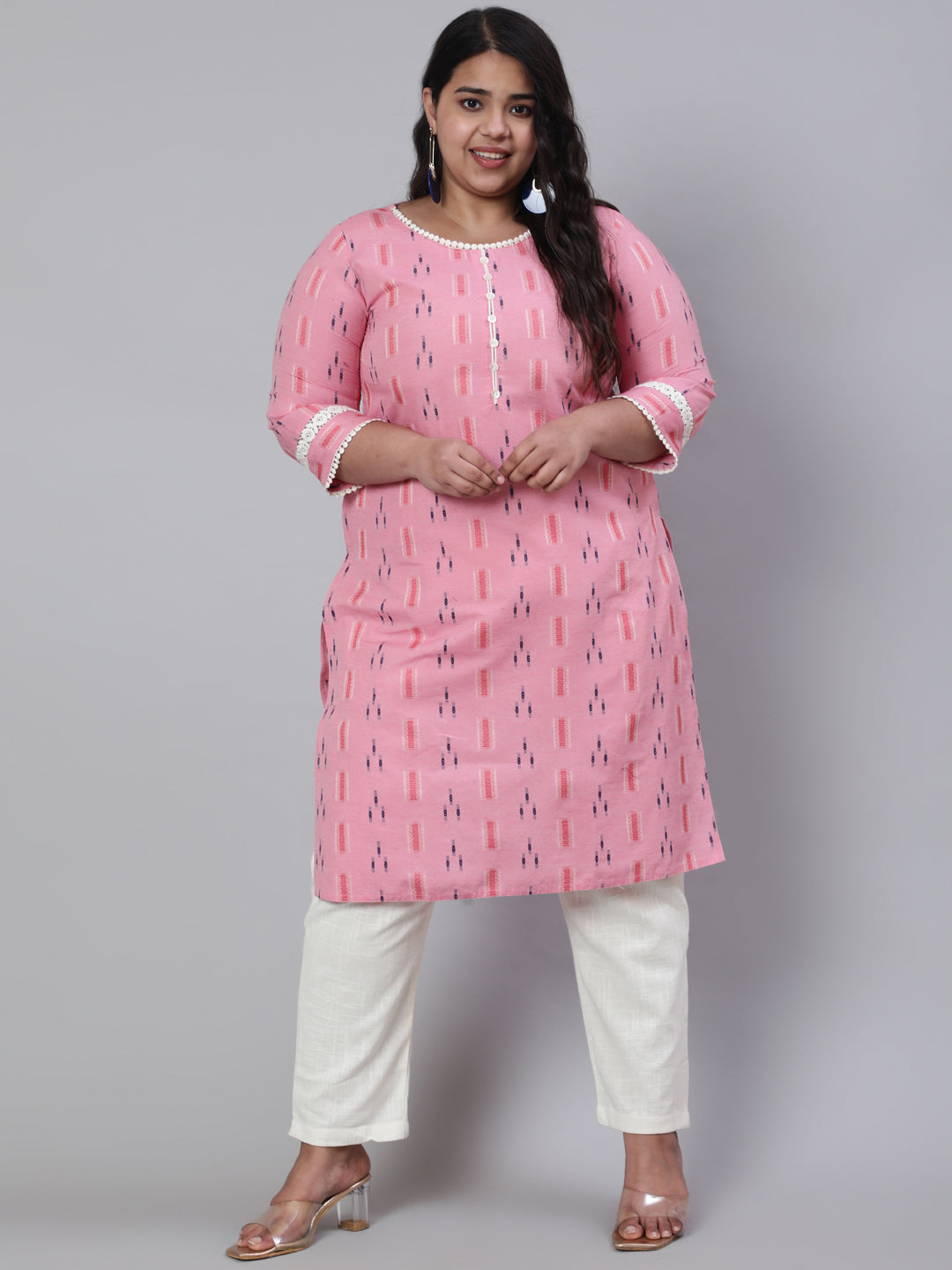 Women Plus Size Pink Self Weaved Straight Kurta With Lace Detail