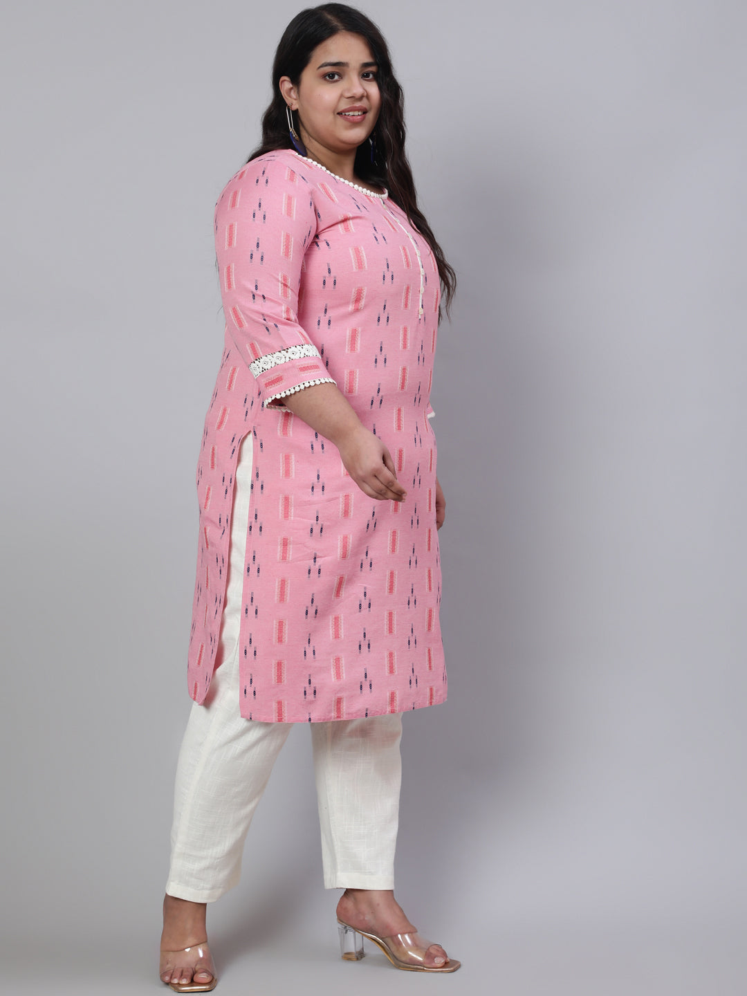 Women Plus Size Pink Self Weaved Straight Kurta With Lace Detail
