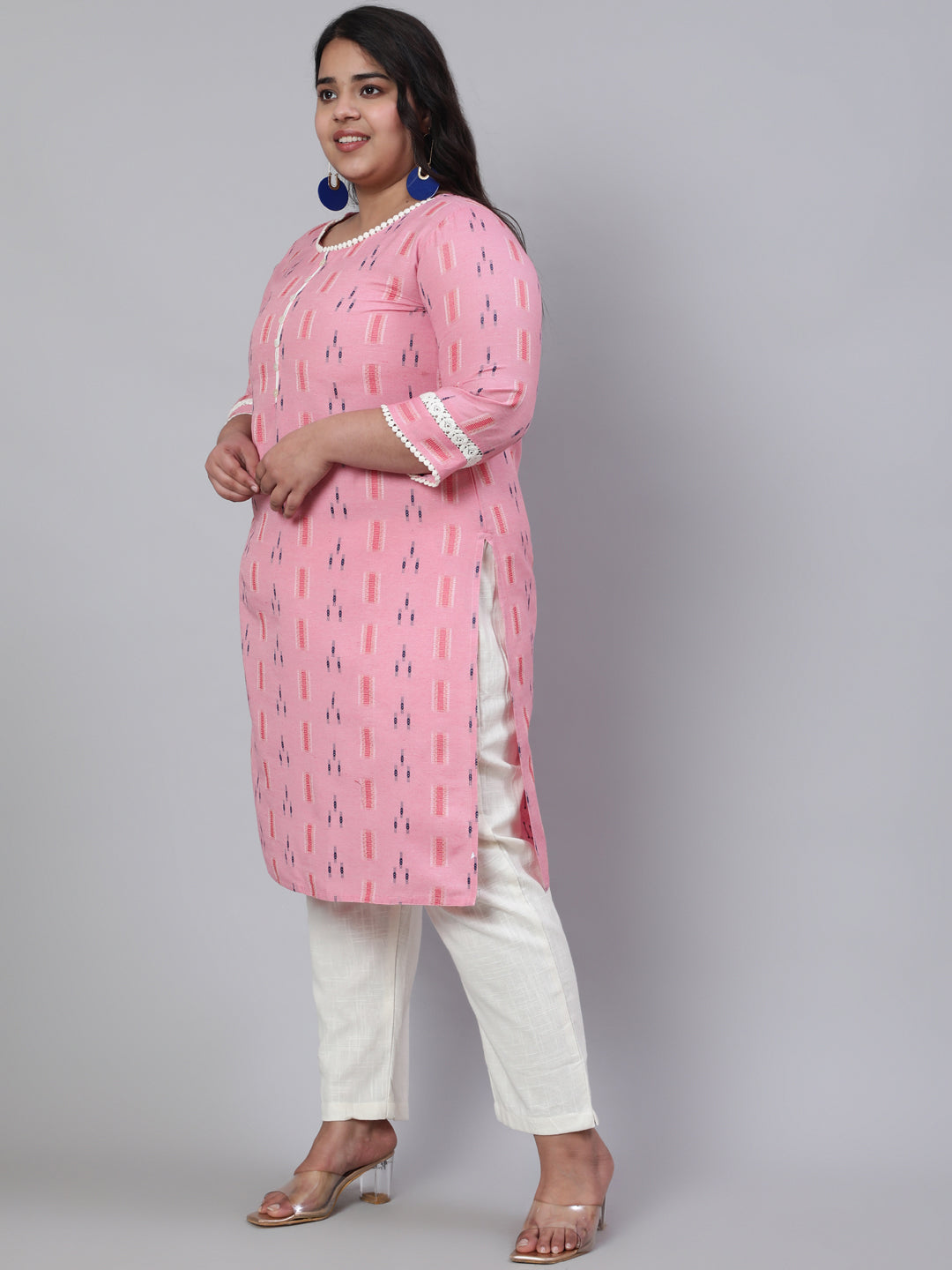 Women Plus Size Pink Self Weaved Straight Kurta With Lace Detail
