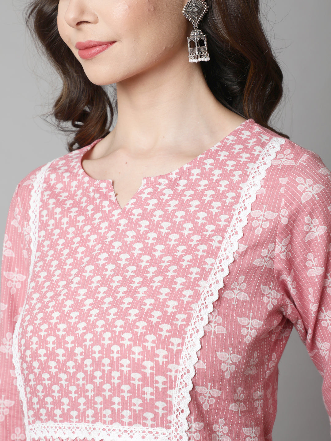 Pink Laced Woven Mix-Match A-line Kurta