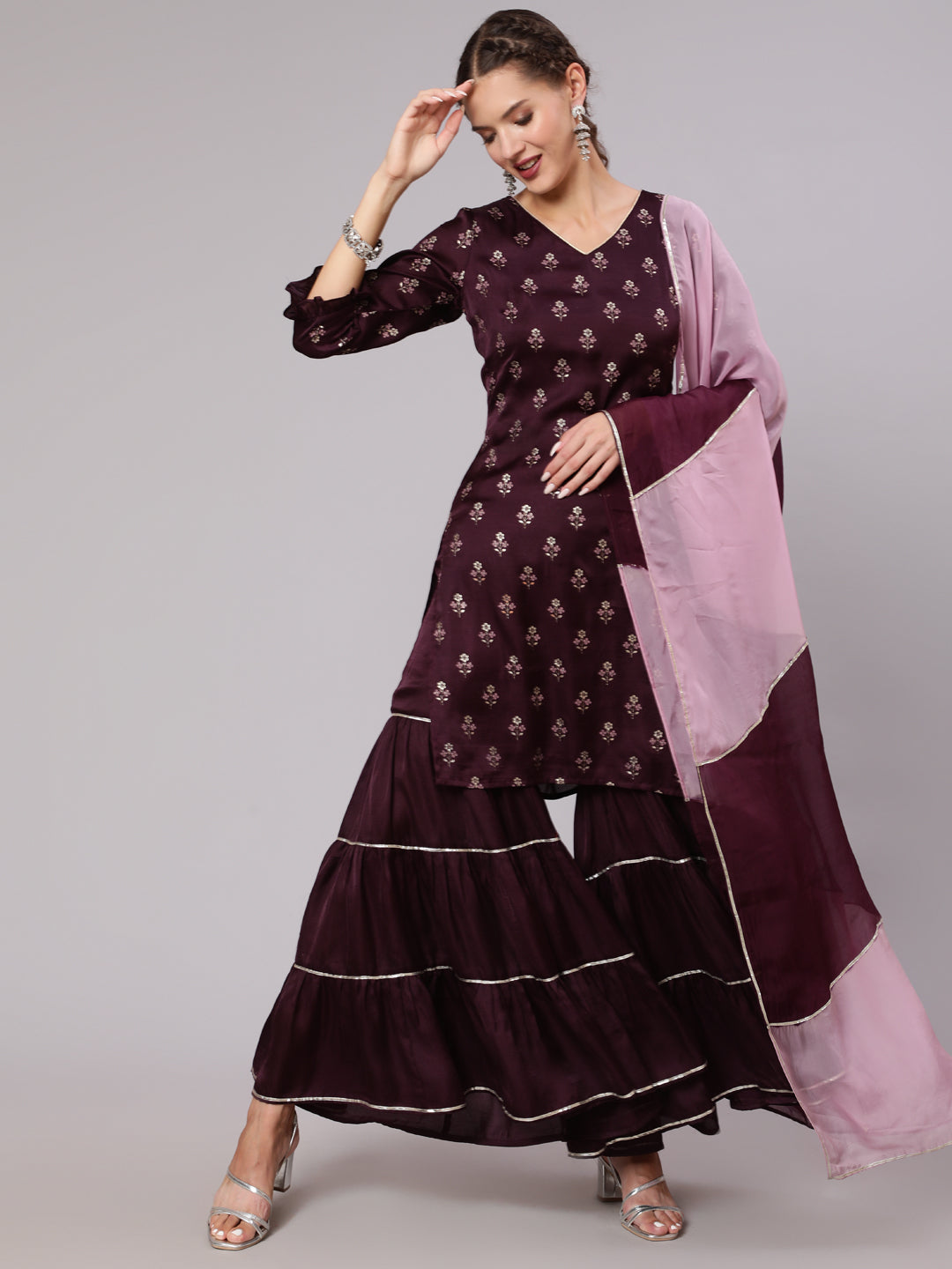 Wine Silk Printed Kurta With Sharara And Ombre Organza Dupatta