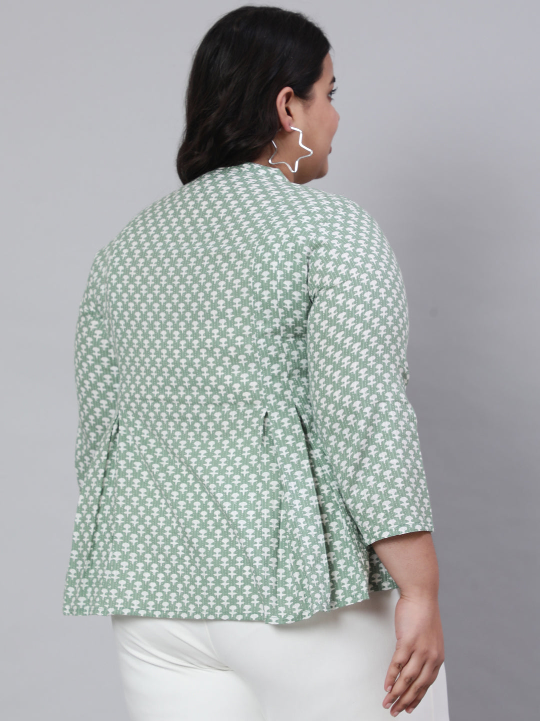 Women Plus Size Green Woven Printed Pleated Top