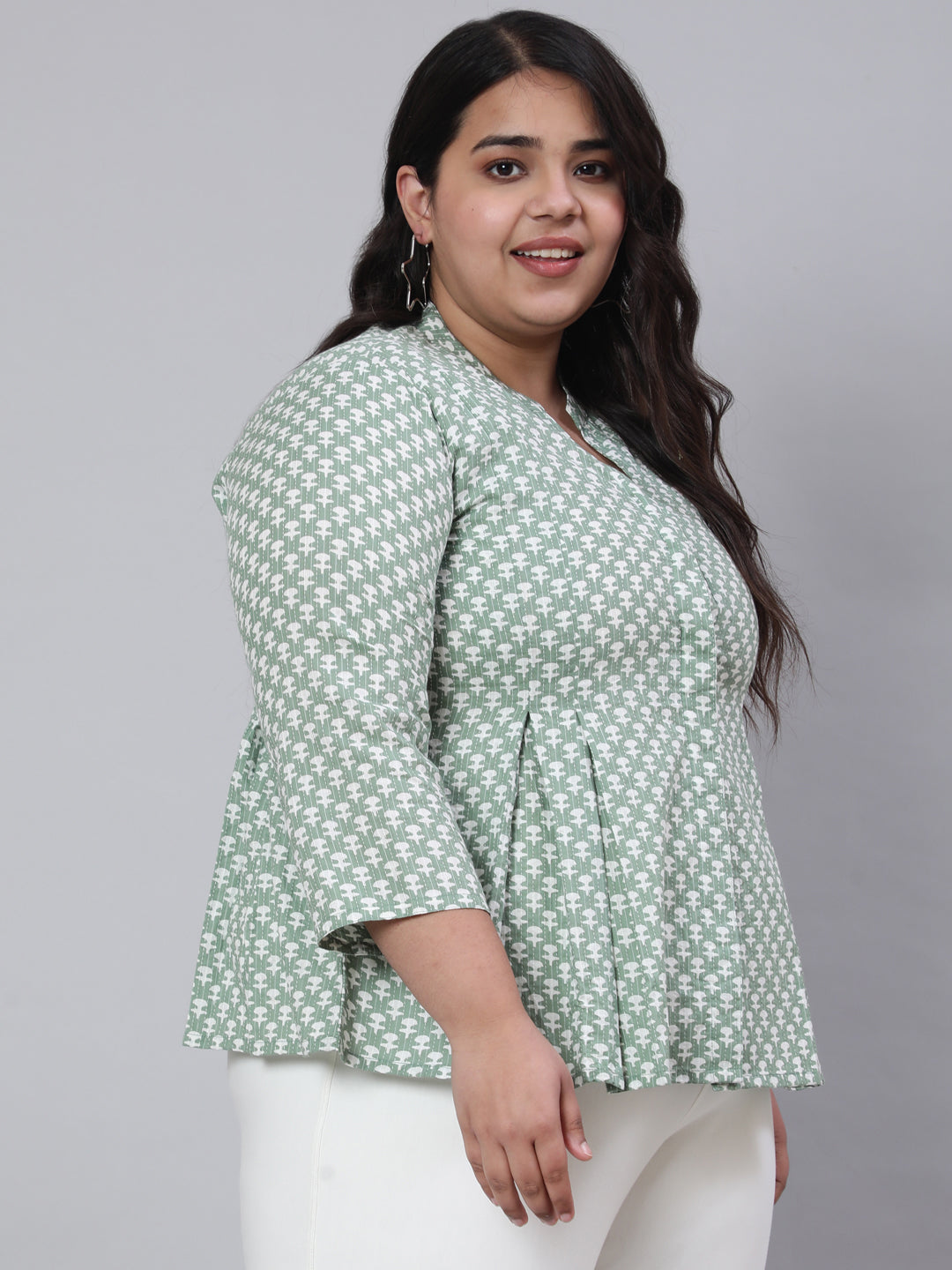 Green Plus Size Woven Printed Pleated Top