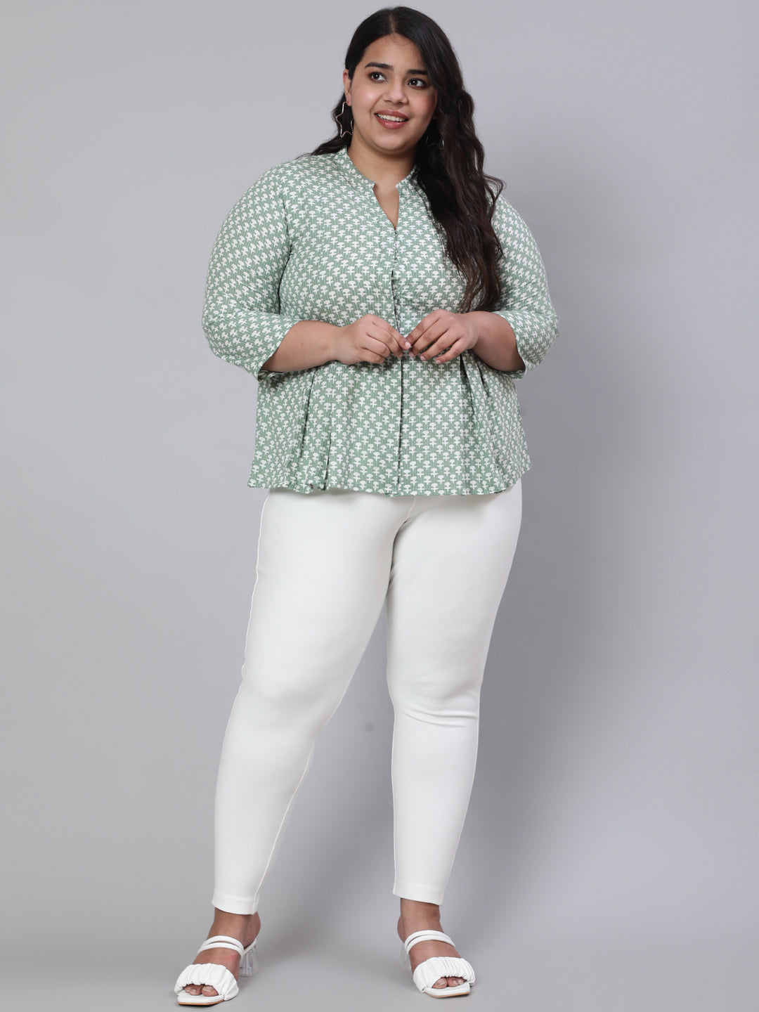 Green Plus Size Woven Printed Pleated Top
