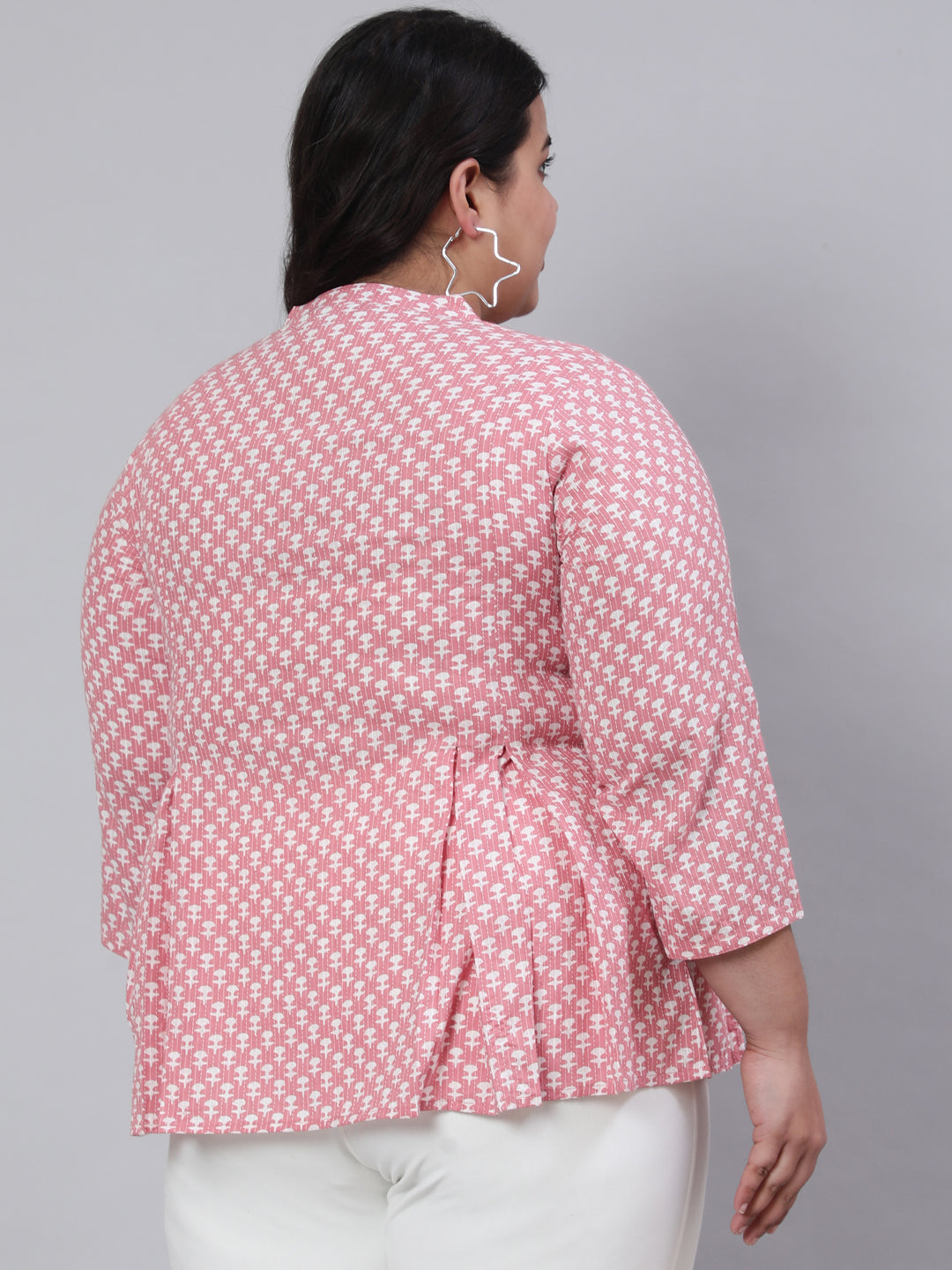 Women Plus Size Pink Woven Printed Pleated Top
