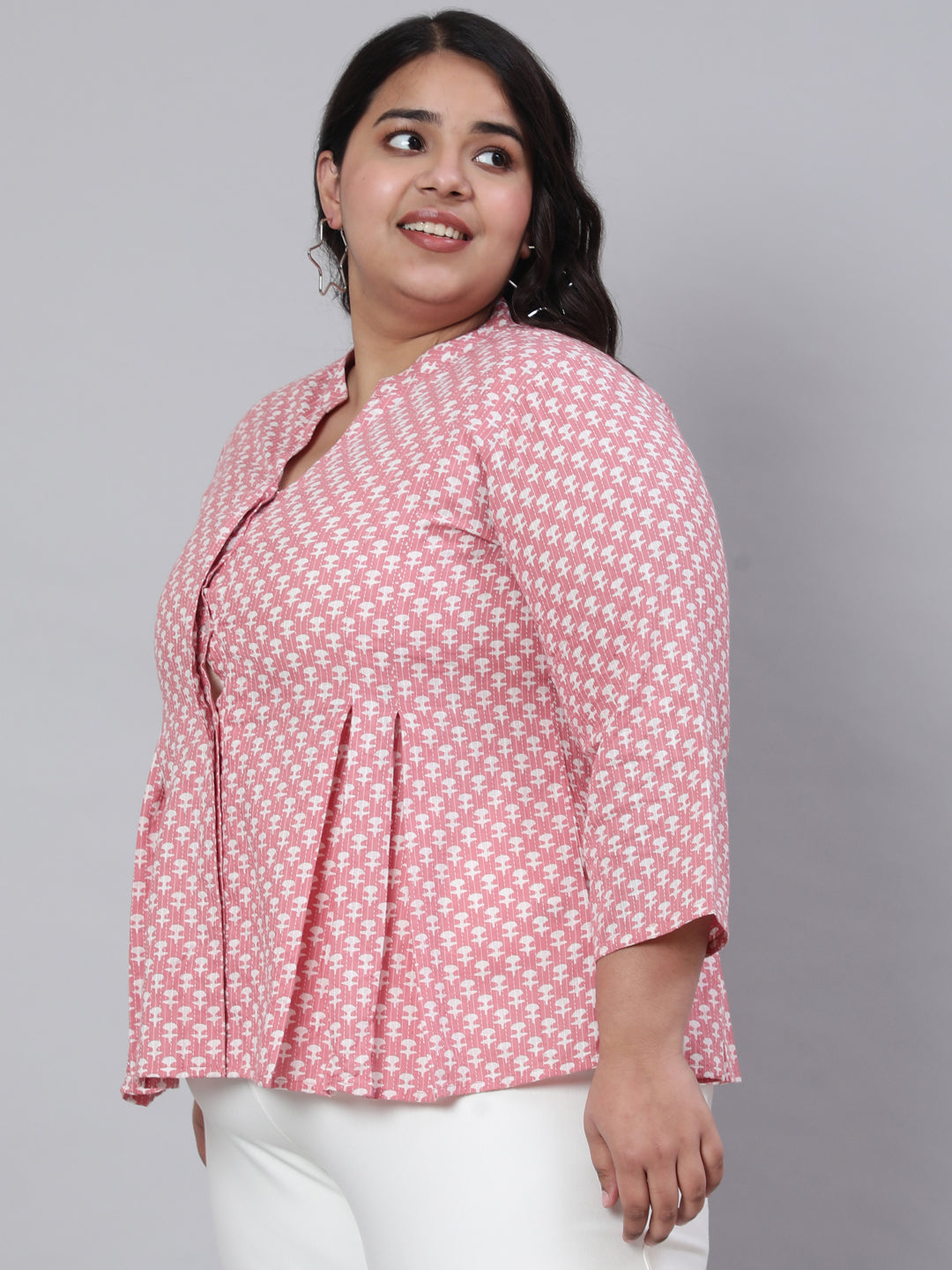 Women Plus Size Pink Woven Printed Pleated Top