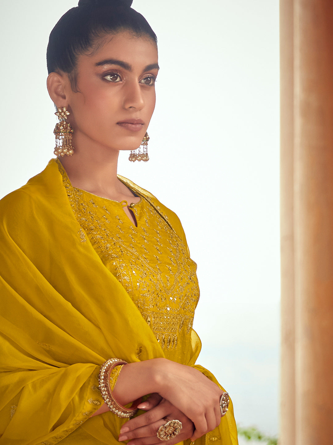 Mustard Straight Zardozi Work Kurta With Pant & Dupatta