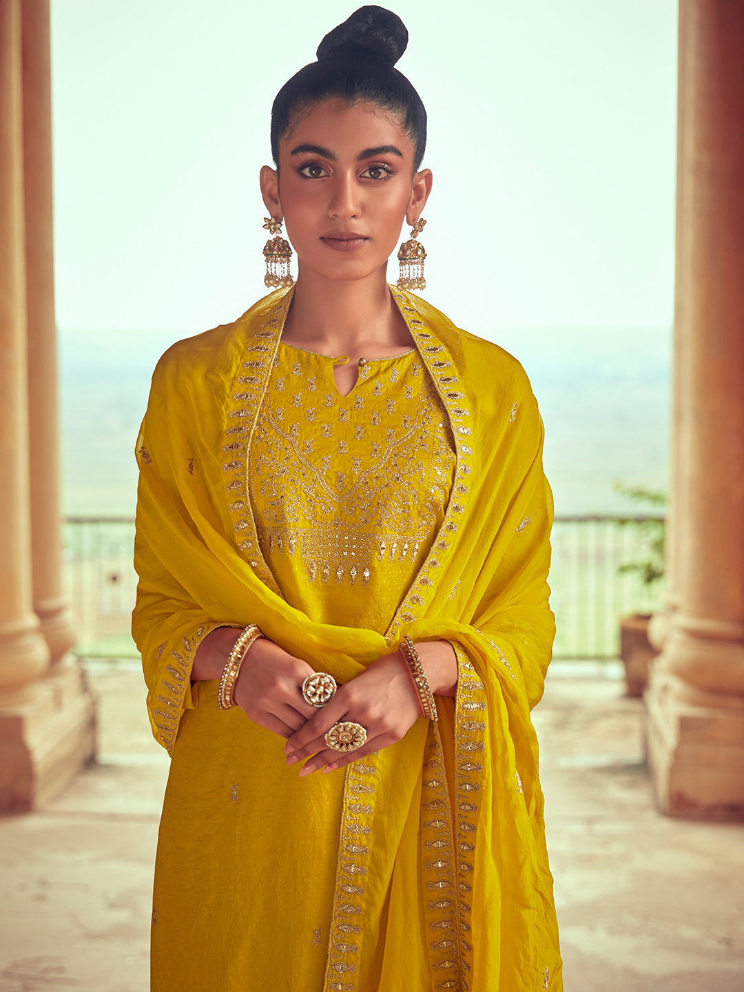 Mustard Straight Zardozi Work Kurta With Pant & Dupatta