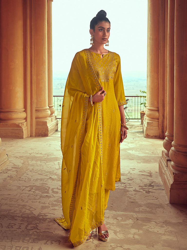 Mustard Straight Zardozi Work Kurta With Pant & Dupatta