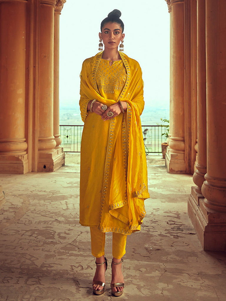 Mustard Straight Zardozi Work Kurta With Pant & Dupatta