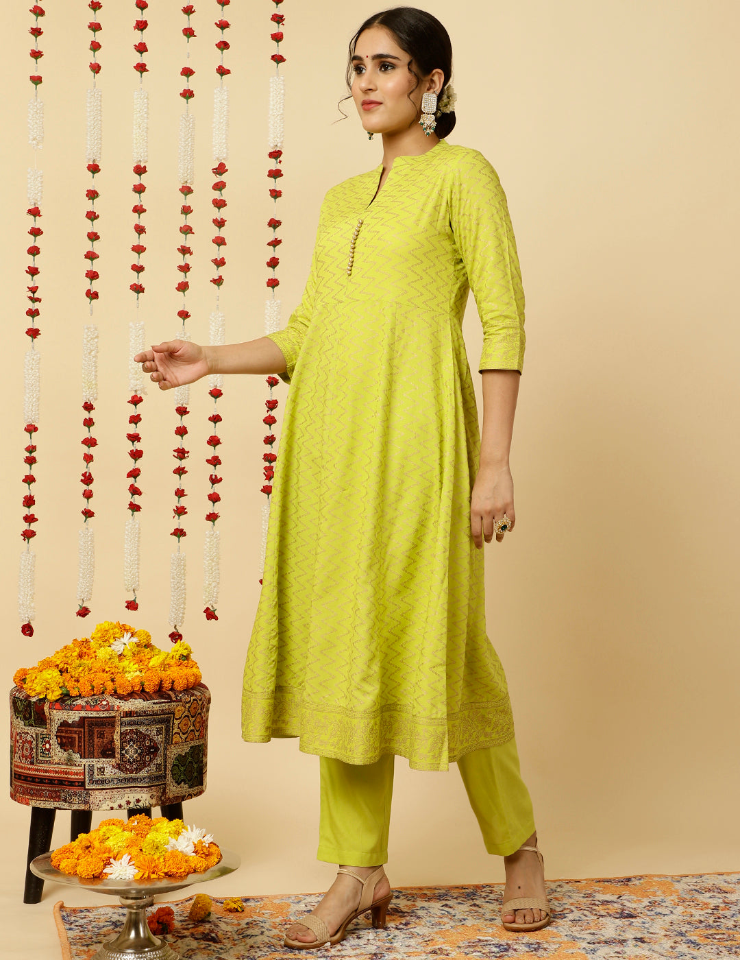 Lime Green Zigzag Printed Anarkali Kurta With Pants And Dupatta