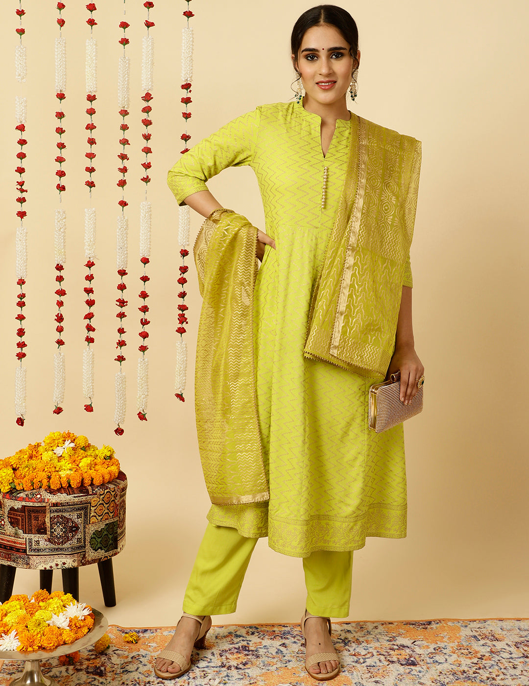 Lime Green Zigzag Printed Anarkali Kurta With Pants And Dupatta