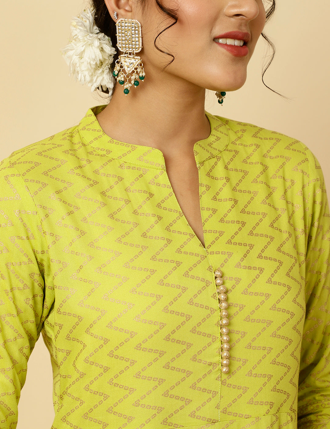 Lime Green Zigzag Printed Anarkali Kurta With Pants And Dupatta