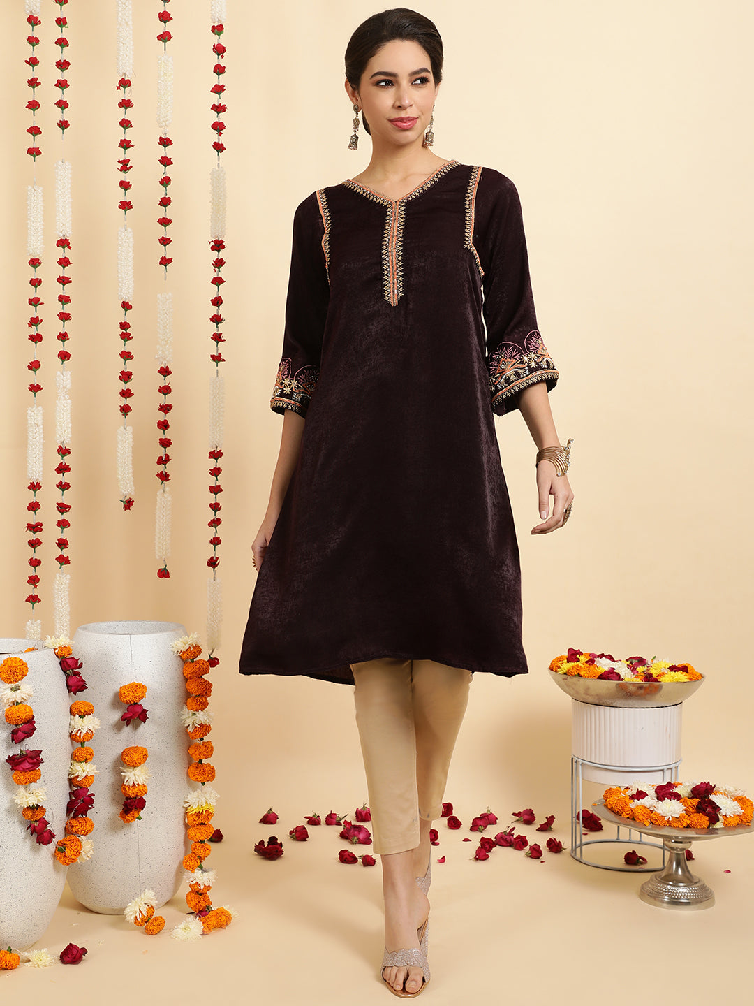 Wine Zardozi Pakistani Velvet Kurta