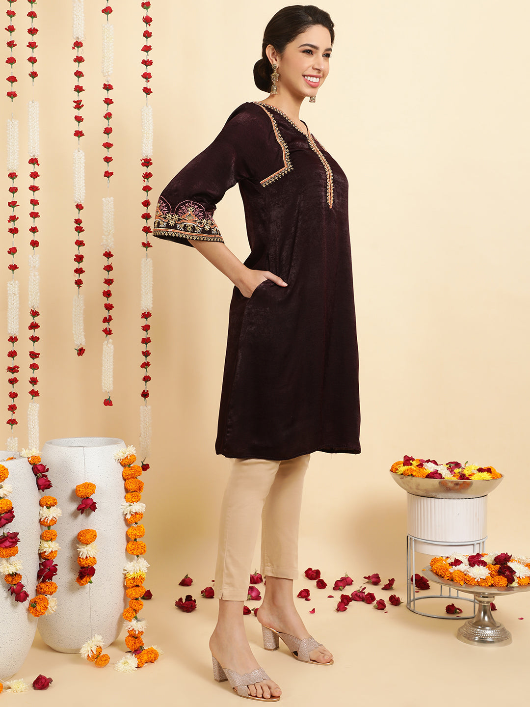 Wine Zardozi Pakistani Velvet Kurta