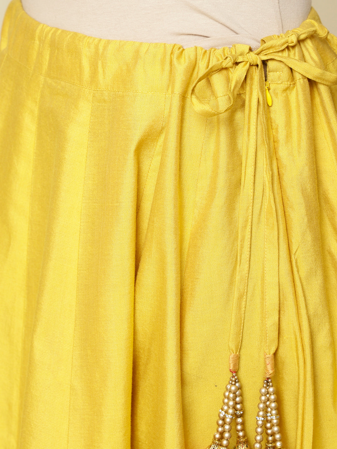 Mustard Chanderi Kantha Embroidered Short Kurta With Skirt And Dupatta