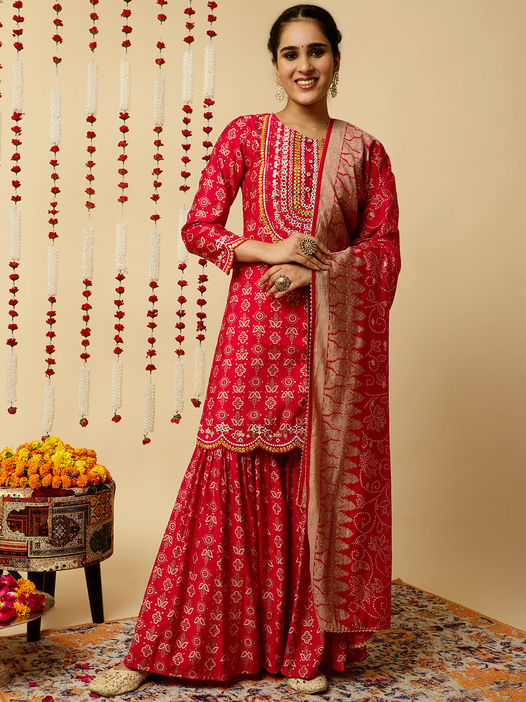 Pink Bandhani Mirror Work Kurta With Sharara And Dupatta