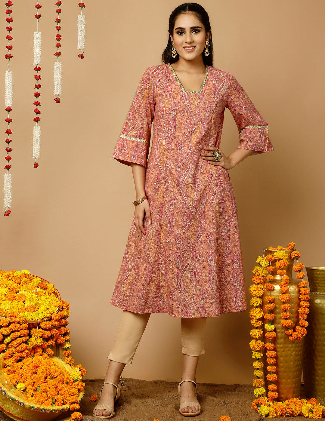 Peach Paisley Print Pakistani Kurta