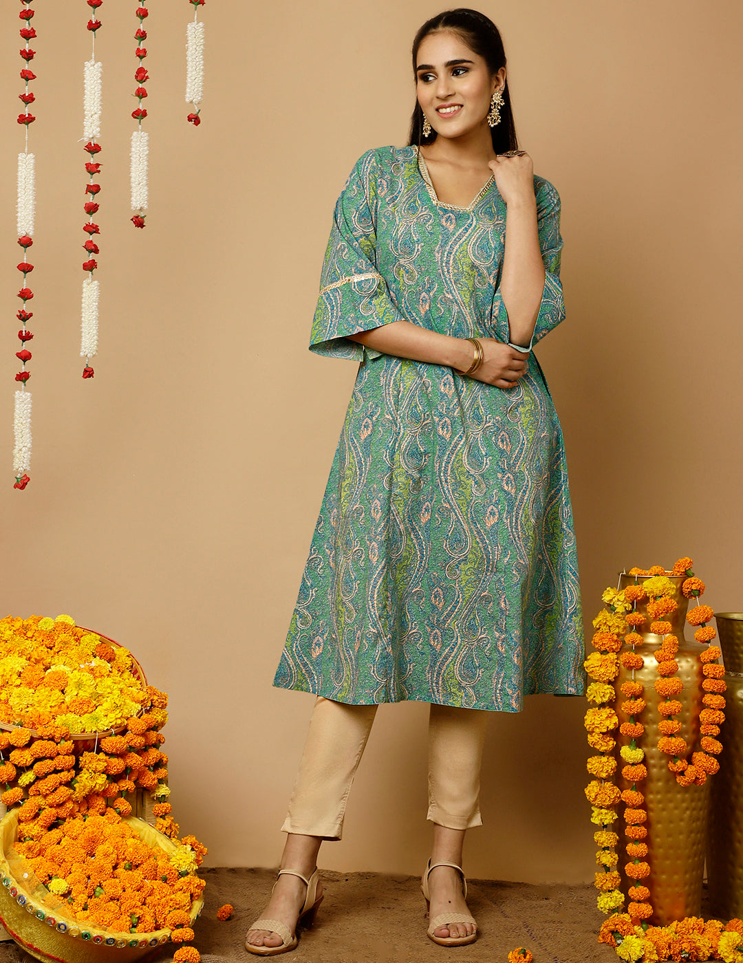 Turquoise Blue Paisley Print Pakistani Kurta