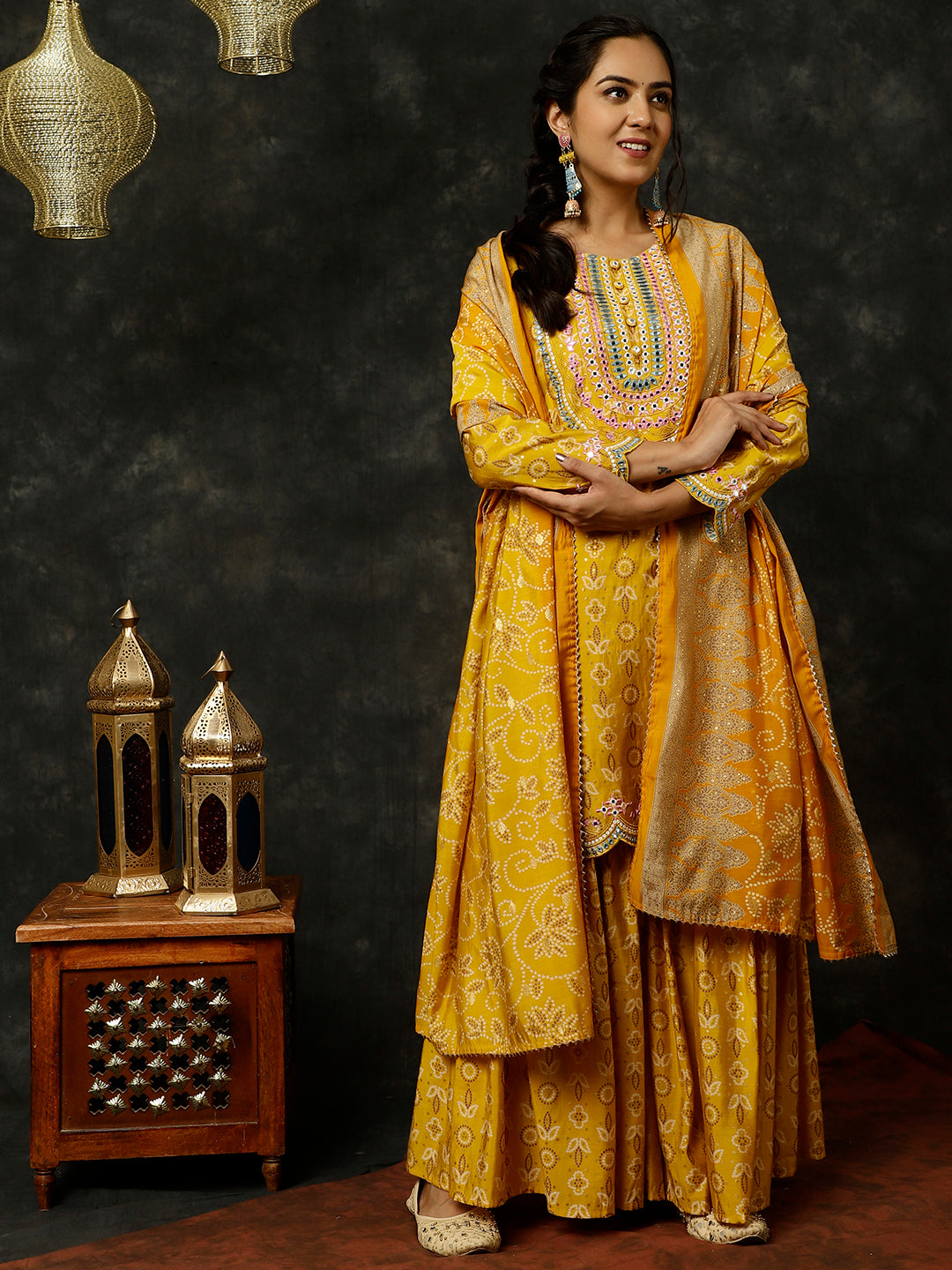 Mustard Bandhani Mirror Work Kurta With Sharara And Dupatta