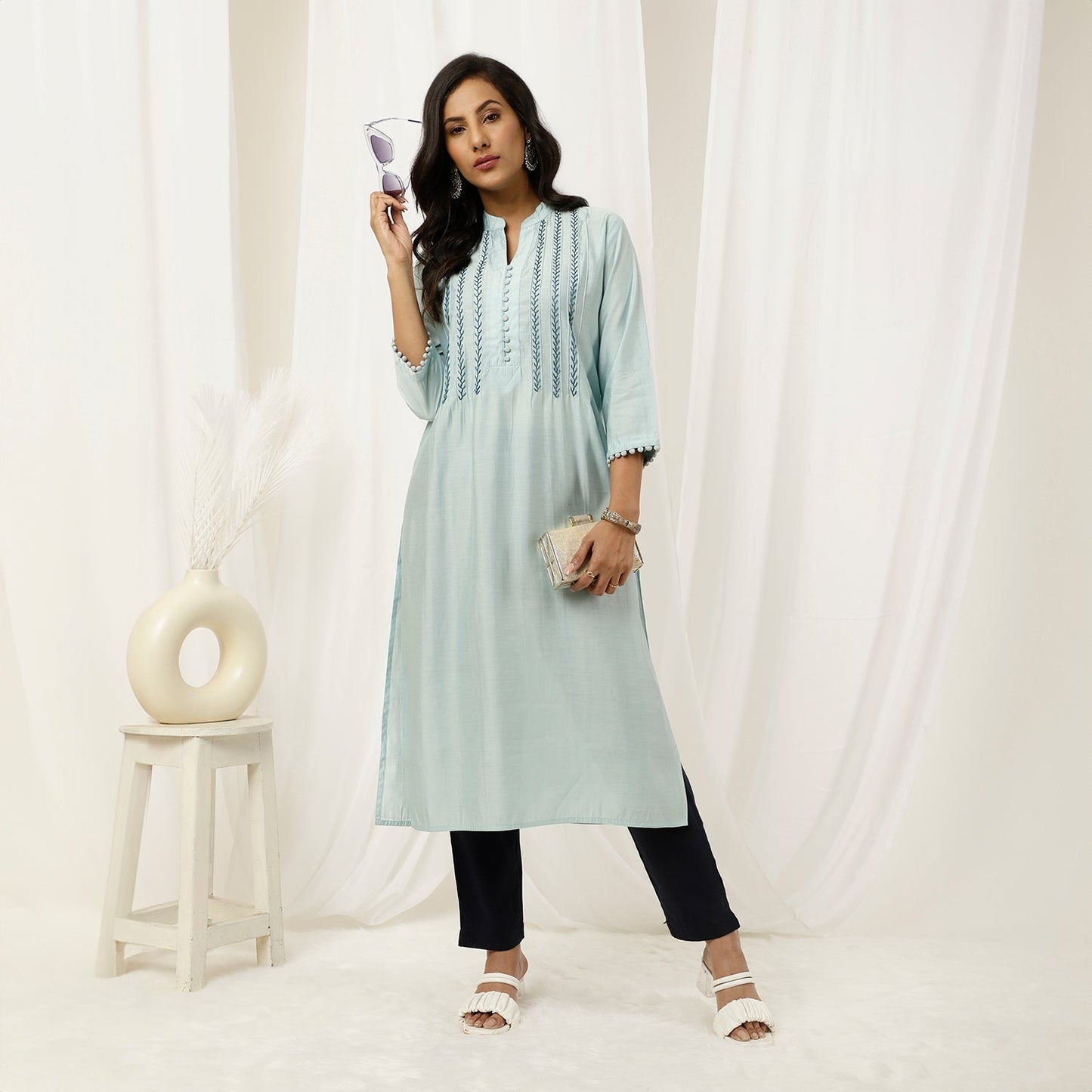 Embroidered Light Blue Pintuck Straight Kurta