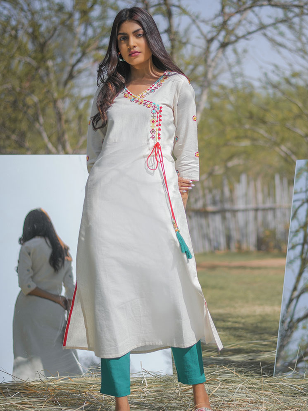Off-White Embroidered A-Line Cotton Blend Kurta