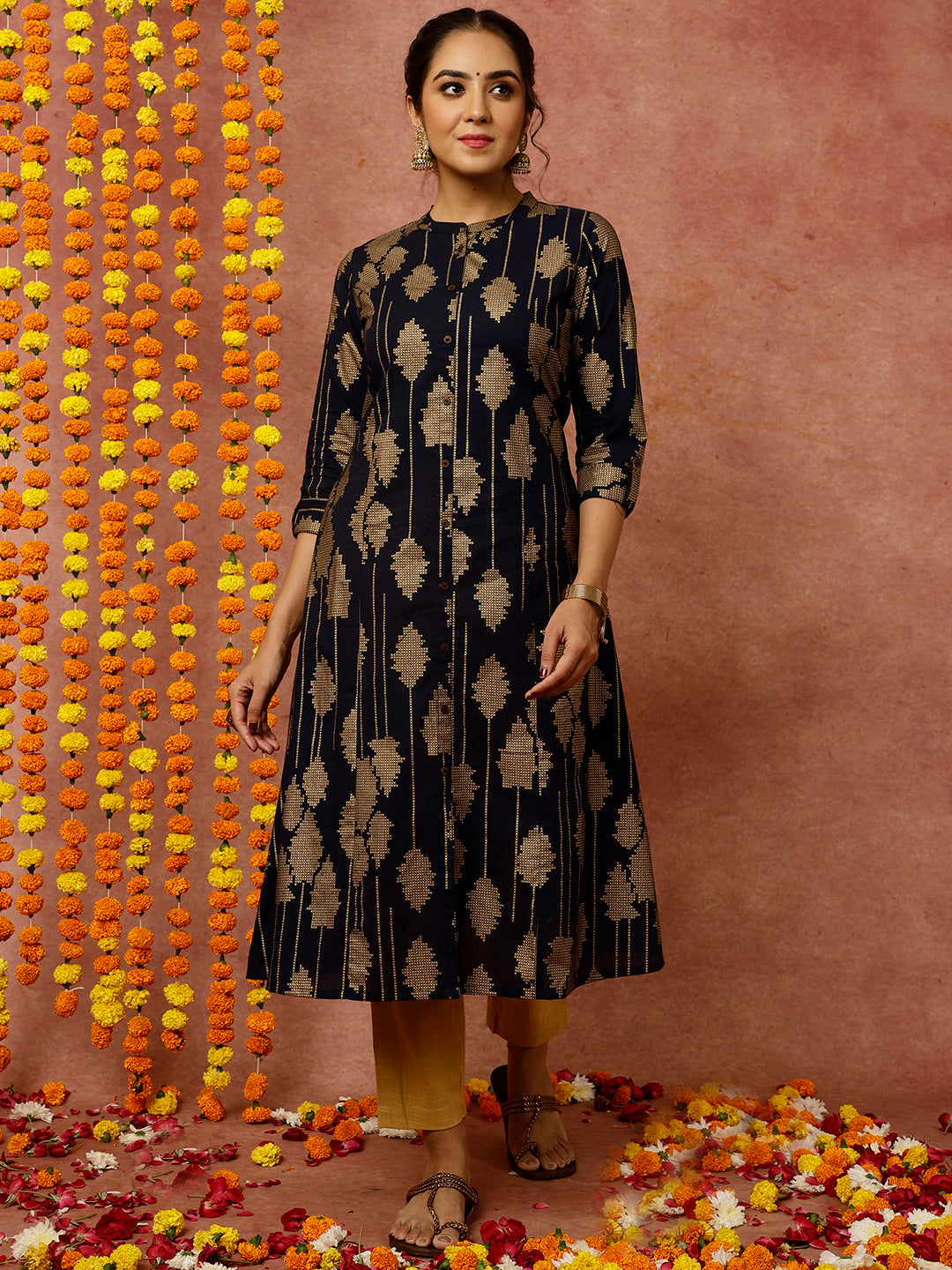Navy Blue Abstract Print A-line Kurta