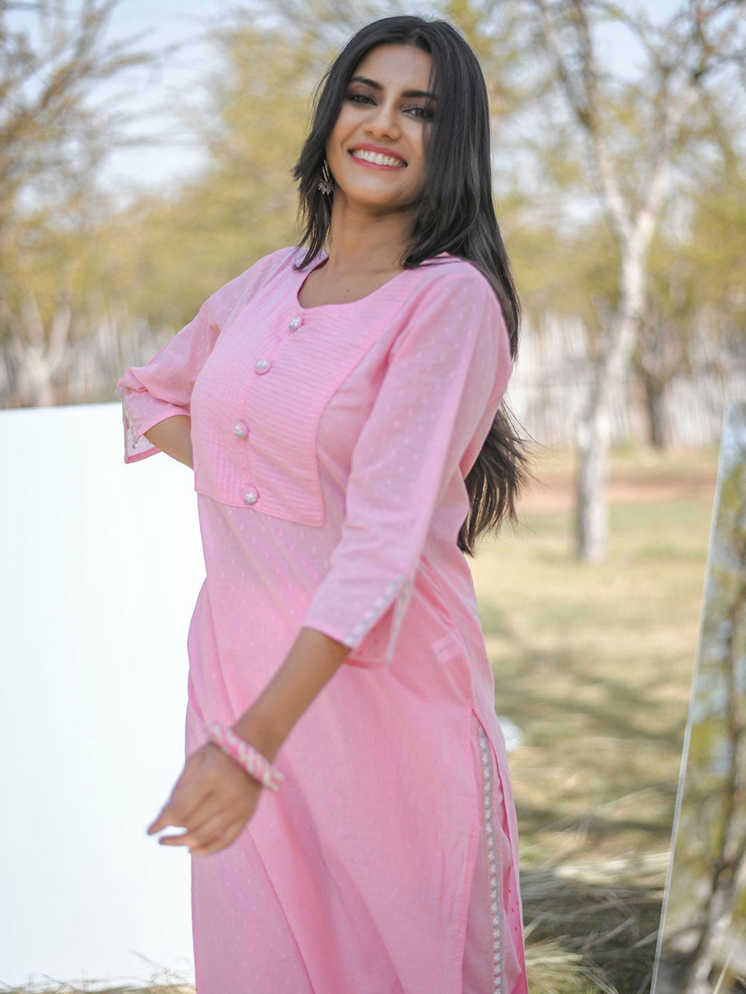 Pink & Grey Dobby Weave Straight Kurta with Palazzos & Dupatta