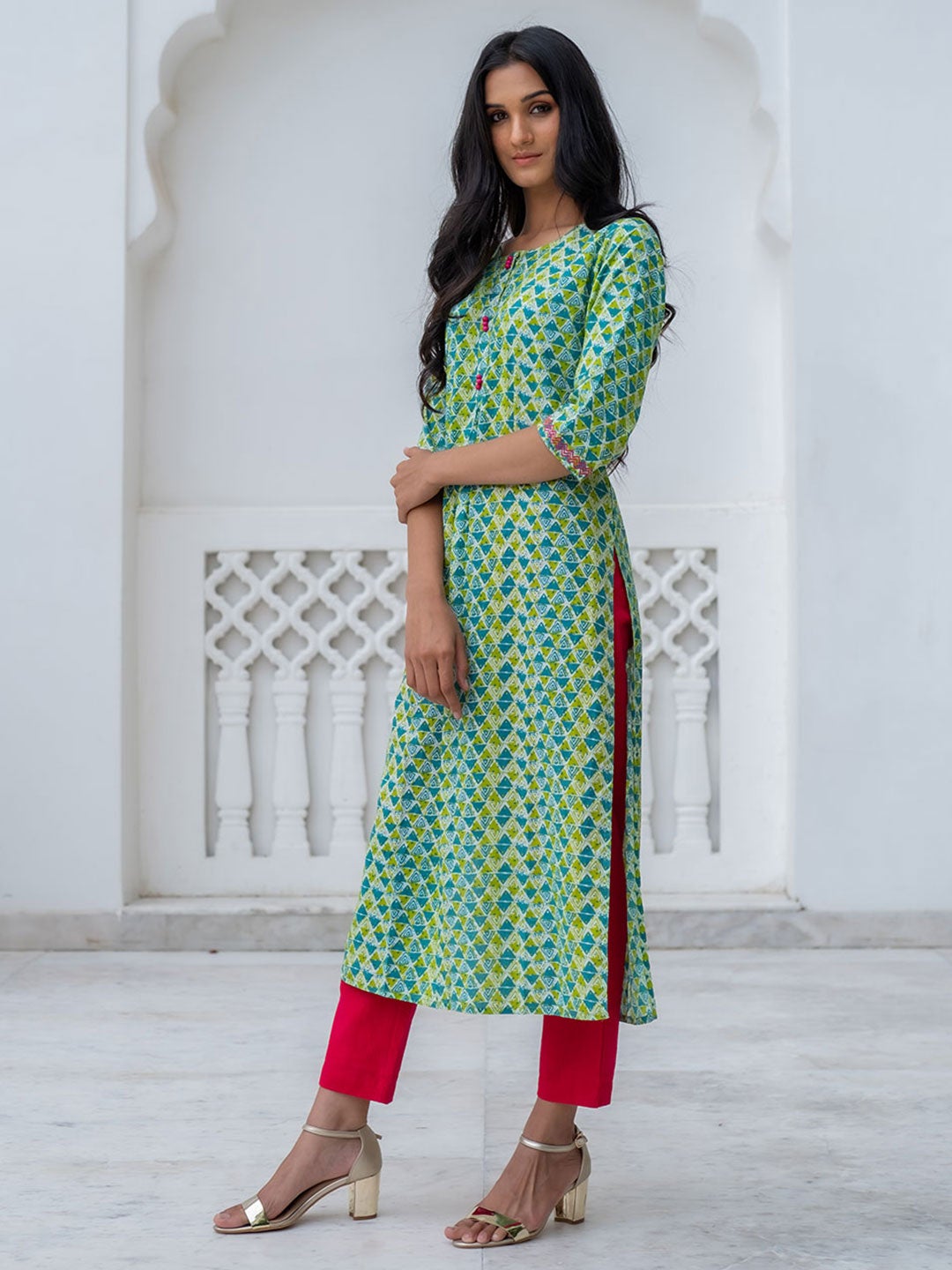 Green & Blue Geometric Print Straight Cotton Kurta