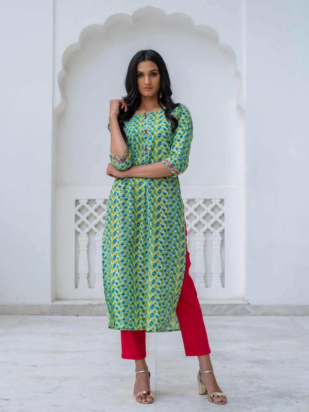 Green & Blue Geometric Print Straight Cotton Kurta