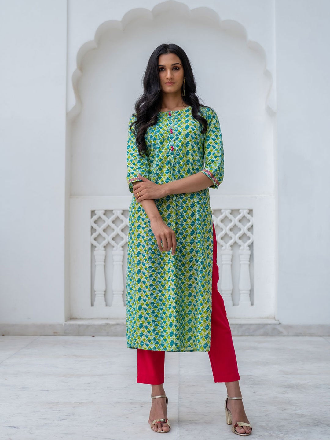 Green & Blue Geometric Print Straight Cotton Kurta