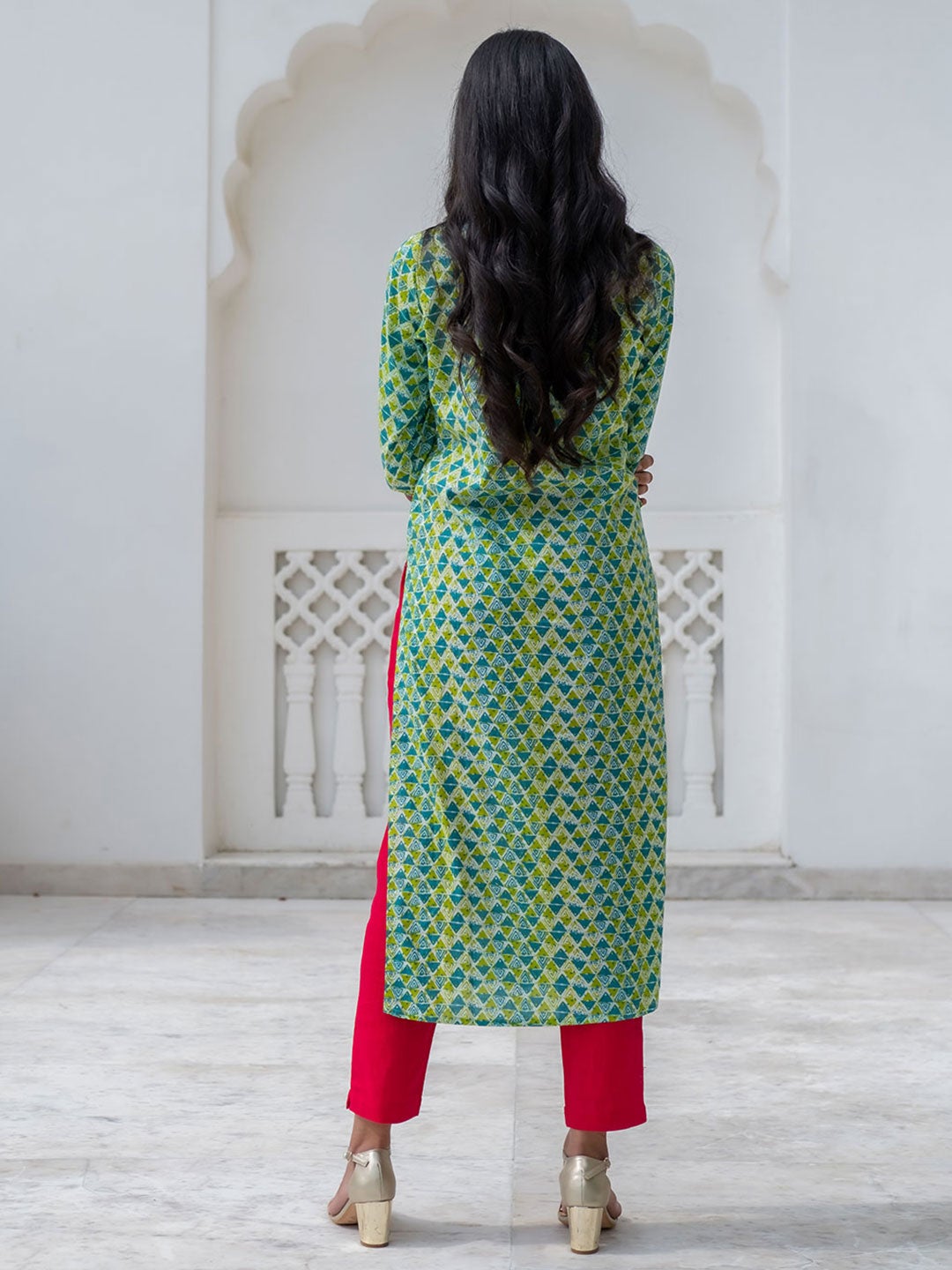 Green & Blue Geometric Print Straight Cotton Kurta